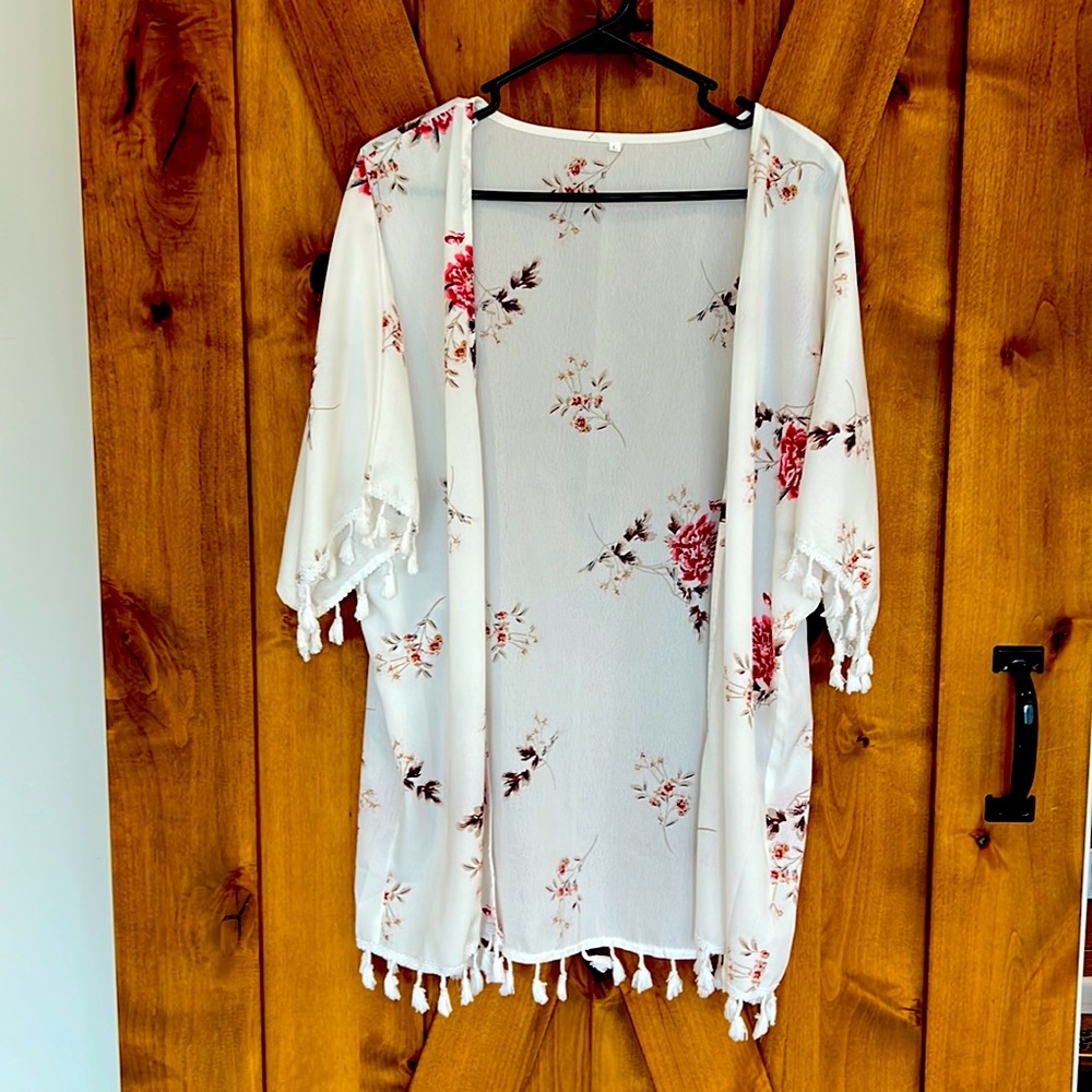 White floral open kimono
